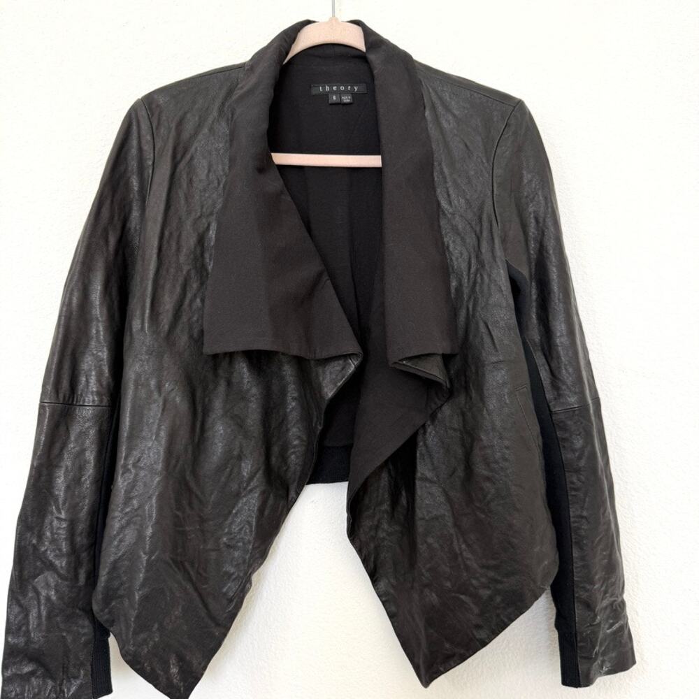 THEORY Robena Airy Lamb Leather Waterfall Draped Jacket‎ Black Moto Sz S